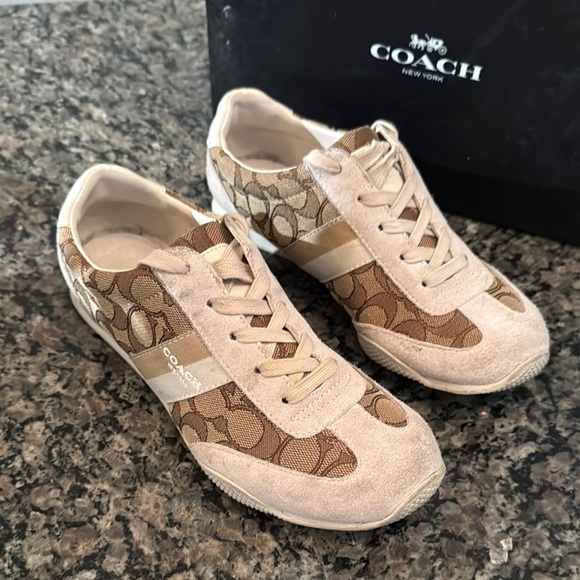 Coach Tan and Brown Monogram Suede Sneakers 8 - Picture 2 of 15